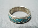 Fantastic Vintage Native American Navajo Turquoise Chip Inlay Sterling Silver Ring Old-Nativo Arts