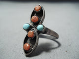 Fantastic Vintage Native American Zuni Sleeping Beauty Turquoise Coral Sterling Silver Ring Old-Nativo Arts