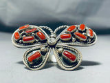 Fascinating Native American Navajo Coral Sterling Silver Butterfly Ring-Nativo Arts