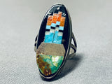Fascinating Native American Navajo Signed Micro Inlay Turquoise Jet Coral Sterling Silver Ring-Nativo Arts