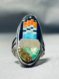 Fascinating Native American Navajo Signed Micro Inlay Turquoise Jet Coral Sterling Silver Ring-Nativo Arts