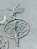 Fascinating Native American Navajo Turquoise Sterling Silver Dream Catcher Feather Earrings-Nativo Arts