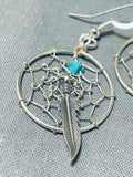 Fascinating Native American Navajo Turquoise Sterling Silver Dream Catcher Feather Earrings-Nativo Arts