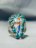 Fascinating Native American Zuni Inlay Turquoise Coral Inlay Sunface Sterling Silver Ring-Nativo Arts