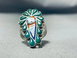 Fascinating Native American Zuni Inlay Turquoise Coral Inlay Sunface Sterling Silver Ring-Nativo Arts