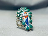 Fascinating Native American Zuni Inlay Turquoise Coral Inlay Sunface Sterling Silver Ring-Nativo Arts