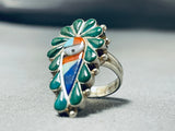 Fascinating Native American Zuni Inlay Turquoise Coral Inlay Sunface Sterling Silver Ring-Nativo Arts