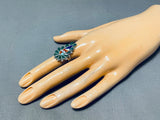 Fascinating Native American Zuni Inlay Turquoise Coral Inlay Sunface Sterling Silver Ring-Nativo Arts