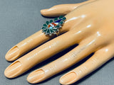 Fascinating Native American Zuni Inlay Turquoise Coral Inlay Sunface Sterling Silver Ring-Nativo Arts