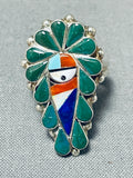 Fascinating Native American Zuni Inlay Turquoise Coral Inlay Sunface Sterling Silver Ring-Nativo Arts