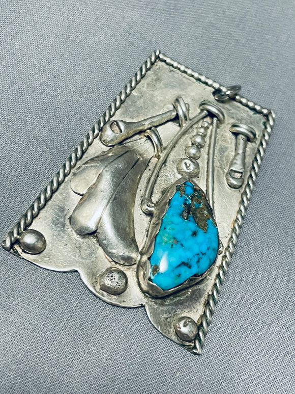 Fascinating Vintage Native American Navajo Kingman Turquoise Sterling Silver Large Pendant-Nativo Arts