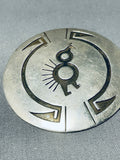 Fascinating Vintage Native American Navajo Large Round Sterling Silver Overlay Pin-Nativo Arts
