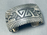 Fascinating Vintage Native American Navajo Signed Sterling Silver Kachinas Heavy Cuff-Nativo Arts