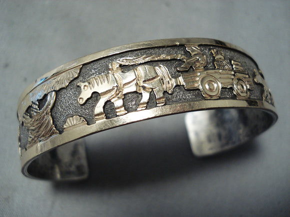 Fascinating Vintage Native American Navajo Sterling Silver & Gold Storyteller Bracelet Old-Nativo Arts