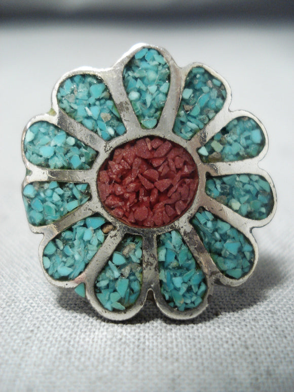Fascinating Vintage Native American Navajo Turquoise & Coral Sterling Silver Ring Old-Nativo Arts