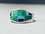 Fascinating Vintage Native American Navajo Turquoise Lapis Inlay Sterling Silver Ring-Nativo Arts
