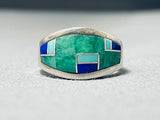Fascinating Vintage Native American Navajo Turquoise Lapis Inlay Sterling Silver Ring-Nativo Arts