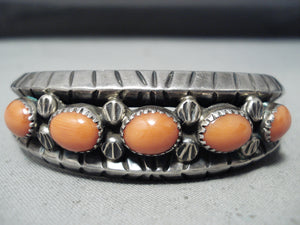 Fat Circle Coral Signed Vintage Native American Navajo Sterling Silver Bracelet Old-Nativo Arts