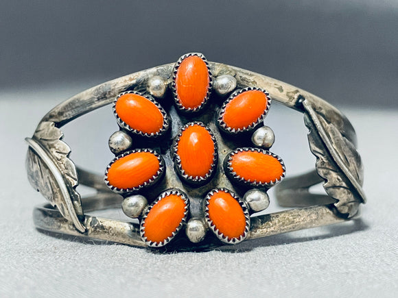 Flower Coral Vintage Native American Navajo Sterling Silver Leaf Bracelet-Nativo Arts
