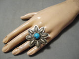 Giant Turquoise Sterling Silver Flower Zuni Native American Ring-Nativo Arts