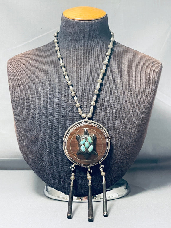 Gigantic Turtle Vintage Native American Navajo Turquoise Sterling Silver Necklace Old-Nativo Arts