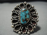 Gigantic Vintage Native American Jewelry Navajo Natural Turquoise Sterling Silver Rope Ring Old-Nativo Arts