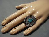 Gigantic Vintage Native American Jewelry Navajo Natural Turquoise Sterling Silver Rope Ring Old-Nativo Arts