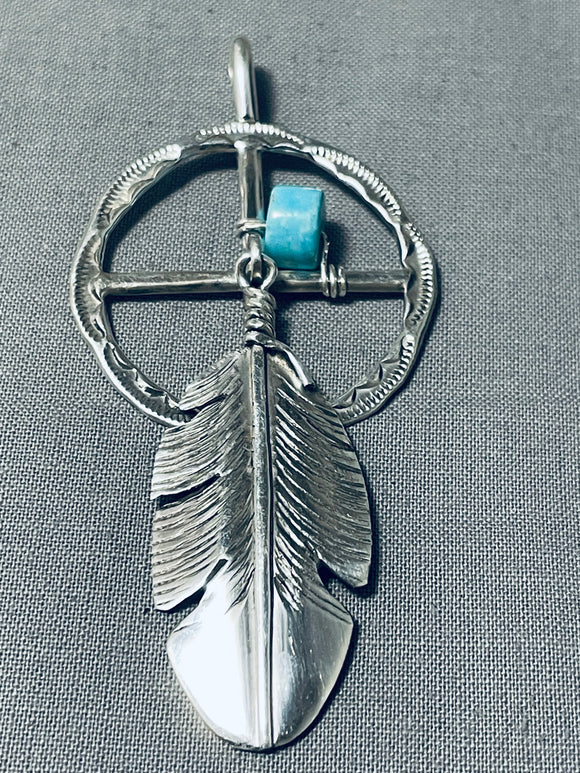 Glorious Native American Navajo Signed Kingman Turquoise Sterling Silver Dreamcatcher Pendant-Nativo Arts