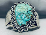 Hand Carved Chief Head Vintage Native American Navajo Turquoise Sterling Silver Bracelet-Nativo Arts