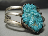 Hand Carved Indian Head Vintage Native American Navajo Turquoise Sterling Silver Bracelet-Nativo Arts