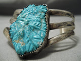 Hand Carved Indian Head Vintage Native American Navajo Turquoise Sterling Silver Bracelet-Nativo Arts