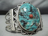 Hand Carved Maiden Vinage Native American Navajo Turquoise Coral Sterling Silver Bracelet-Nativo Arts