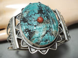 Hand Carved Maiden Vinage Native American Navajo Turquoise Coral Sterling Silver Bracelet-Nativo Arts