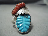 Hand Carved Turquoise Leaf Coral Sterling Silver Native American Zuni Ring-Nativo Arts