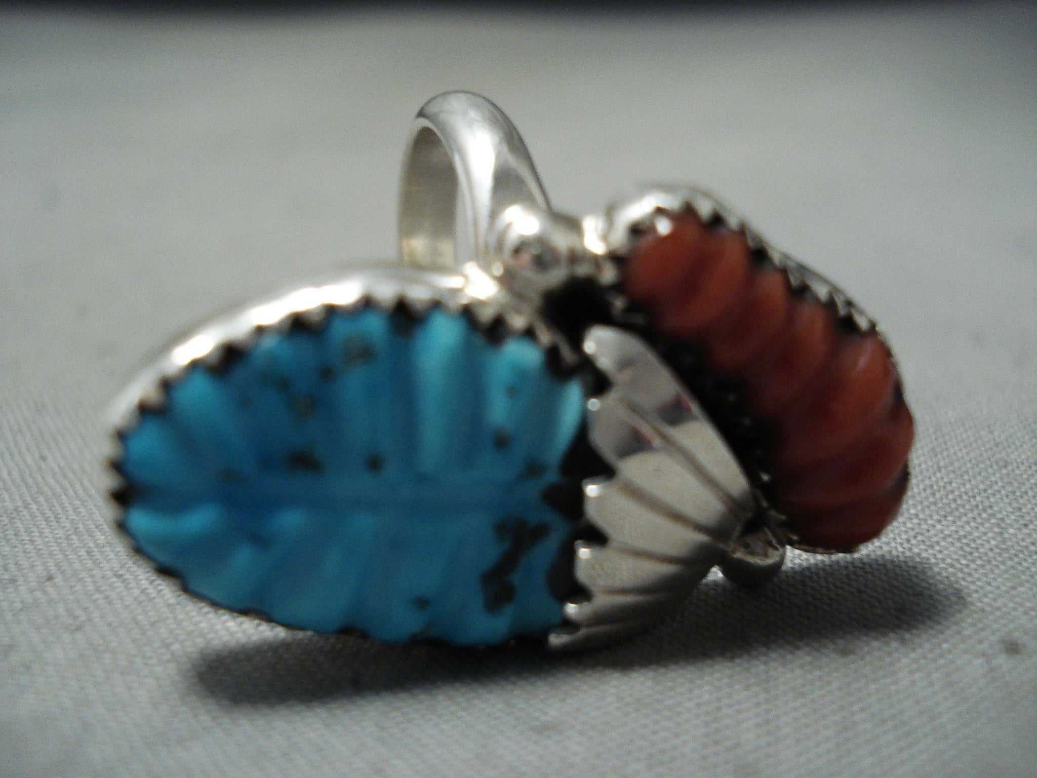 Vintage Sterling Silver high quality Turquoise Carved Coral Leaf Ring