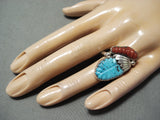 Hand Carved Turquoise Leaf Coral Sterling Silver Native American Zuni Ring-Nativo Arts