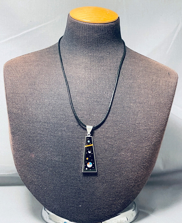 Hand Inlaid Native American Navajo Turquoise Coral Space Sterling Silver Necklace-Nativo Arts