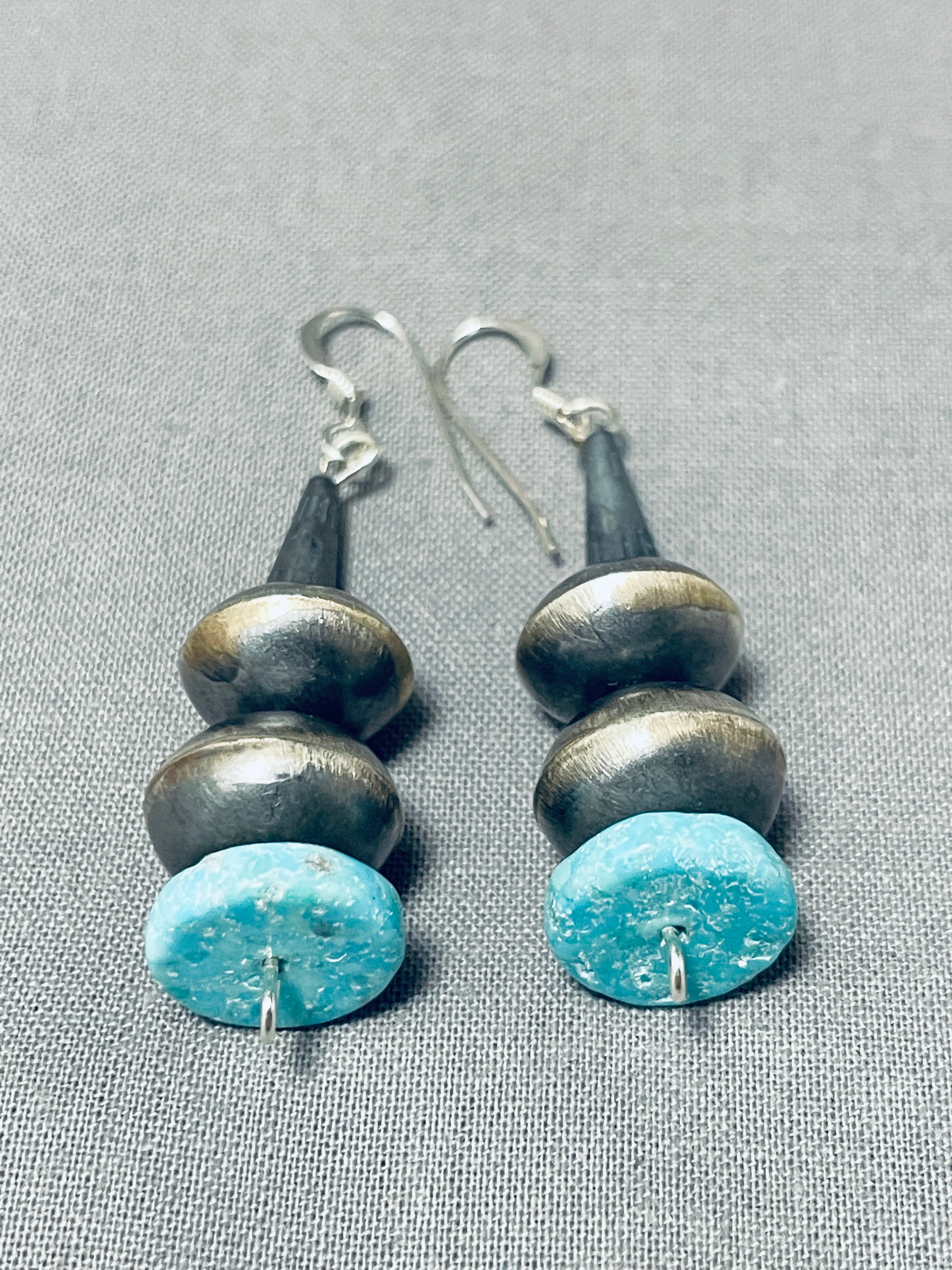 Native American Silver Beaded Dangle Earrings with Turquoise Nuggets, Silver beads and turquoise Navajo earrings (1/252) shops