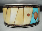 Harris Signed Vintage Native American Navajo Turquoise Coral Sterling Silver Inlay Bracelet-Nativo Arts