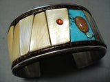 Harris Signed Vintage Native American Navajo Turquoise Coral Sterling Silver Inlay Bracelet-Nativo Arts