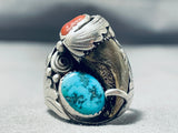Heavy Bear Native American Navajo Turquoise Coral Sterling Silver Thick Ring-Nativo Arts