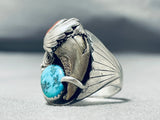 Heavy Bear Native American Navajo Turquoise Coral Sterling Silver Thick Ring-Nativo Arts