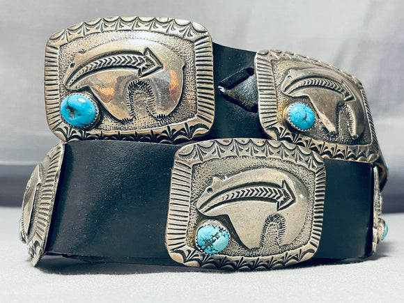 Heavy Brownbear Vintage Native American Navajo Turquoise Sterling Silver Concho Belt-Nativo Arts