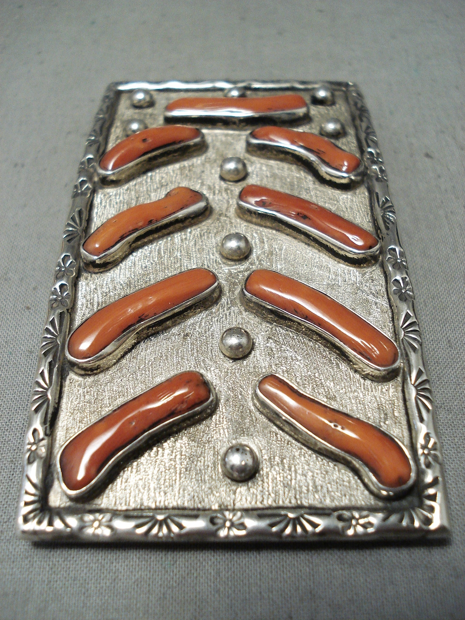 Heavy Chunky Coral Vintage Native American Navajo Sterling Silver Buck ...