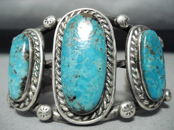 Heavy Coiled Vintage Native American Navajo Triple Blue Turquoise Sterling Silver Bracelet-Nativo Arts