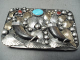 Heavy Gold Vintage Native American Navajo Bear Turquoise Sterling Silver Buckle-Nativo Arts