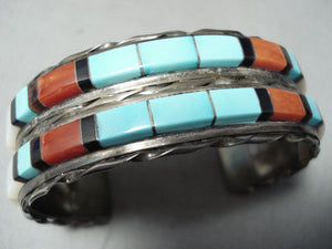 Heavy Important Vintage Native American Zuni Natural Turquoise Coral Sterling Silver Bracelet-Nativo Arts
