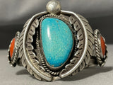 Heavy Museum Vintage Native American Navajo Turquoise Coral Leaf Sterling Silver Bracelet-Nativo Arts