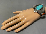 Heavy Museum Vintage Native American Navajo Turquoise Coral Leaf Sterling Silver Bracelet-Nativo Arts