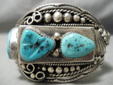 Heavy Thick 117 Gram Vintage Native American Navajo 1978 Turquoise Sterling Silver Leaf Bracelet-Nativo Arts